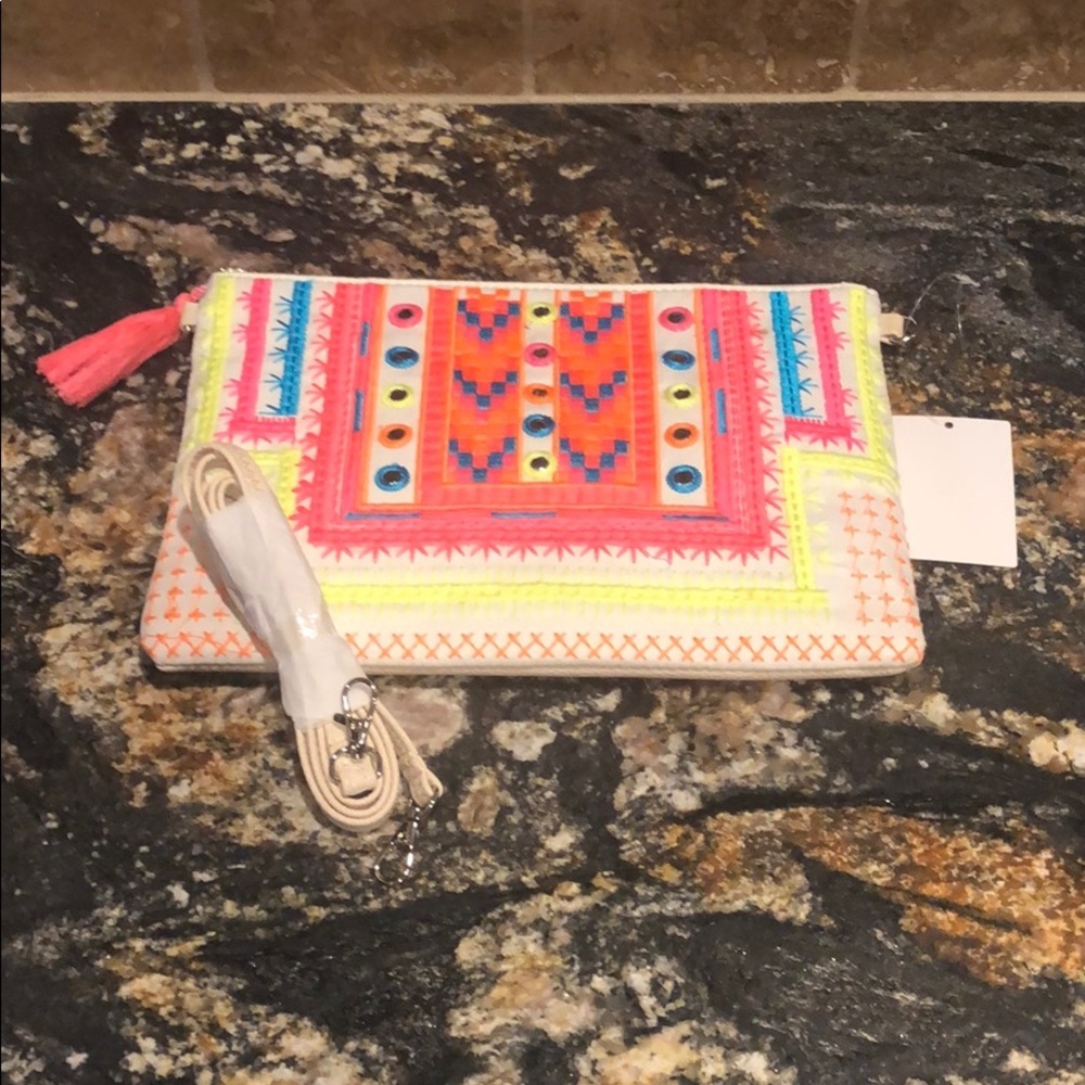 Embroidered Neon Accent Crossbody Clutch - Pink Multi